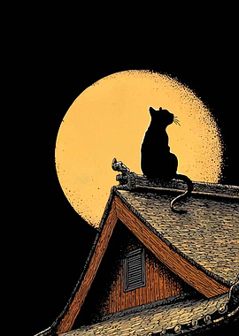 Black Cat on Roof at Night