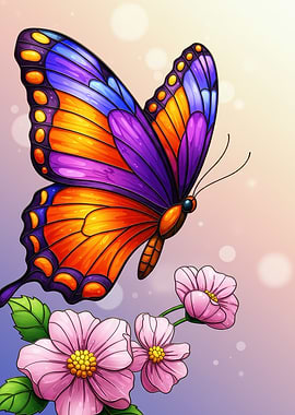 Colorful Butterfly and Pink Flowers