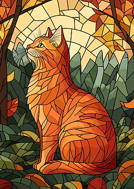 Stained Glass Cat in Autumn Forest