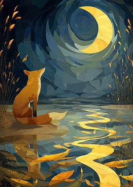 Fox Gazing at Moonlit Water