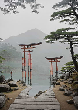 Misty Japanese Landscape with Torii Gates