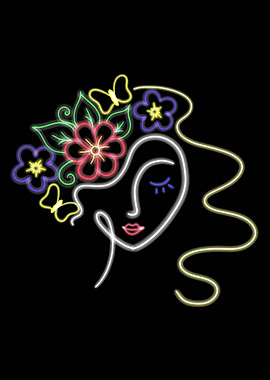 Neon Woman with Flowers and Butterflies