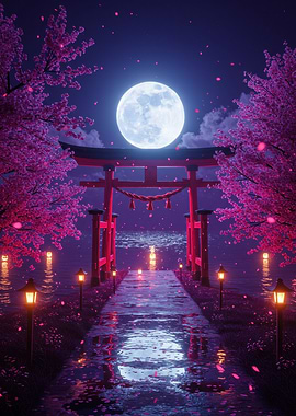 Japanese Torii Gate with Cherry Blossoms