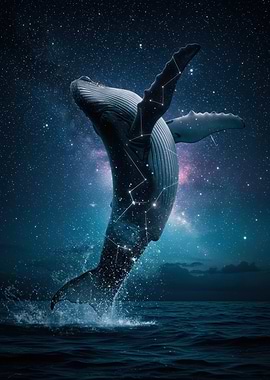 Whale breaching in starry night sky