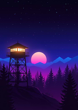 Synthwave Forest Lookout Tower at Night