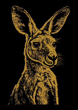 Kangaroo Portrait in Gold on Black