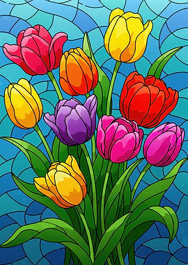 Colorful Tulips Stained Glass Style Art