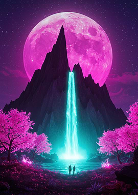 Neon Waterfall Under Pink Moon