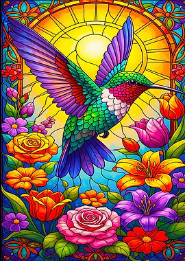 Hummingbird and Flowers Stained Glass Style