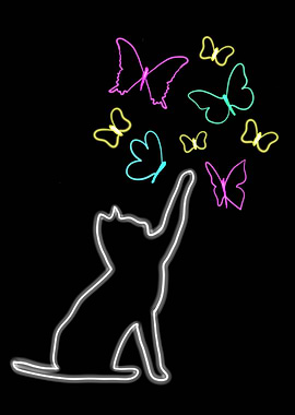 Neon Cat and Butterflies