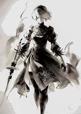 2B Nier Automata Monochrome Illustration