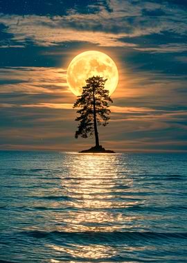Lone Tree Under a Full Moon