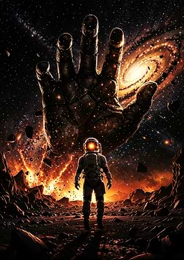 Astronaut Facing Cosmic Hand - Surreal Space