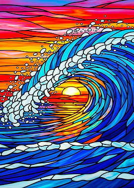 Stained Glass Ocean Wave Sunset