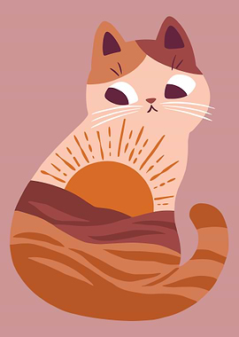 Cat with Sunset Landscape Illustration