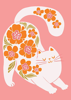 Floral Cat Stretching Illustration