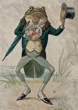 Anthropomorphic Frog with Flowers and Hat