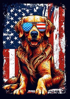 Patriotic Golden Retriever with American Flag
