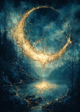 Golden Crescent Moon Over Lake Kintsugi Fantasy Art