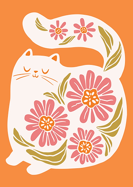 Orange Pink Boho Cat Botanical wall decor, pink art, cat wall art, boho wall art, cat art, Home Decor