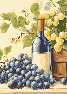Wine Bottle and Grapes Still Life