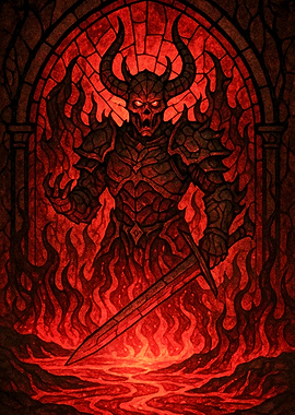 Demon in Flames Stained Glass Style