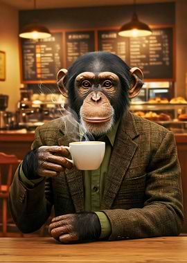 Chimpanzee in Suit Drinking Coffee