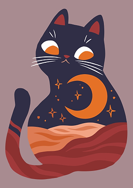 Boho Chic Moon Cat Art Print Set, sun and moon, Home Decor, Cat artwork