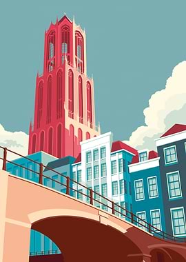 Utrecht cityscape with Domtoren tower