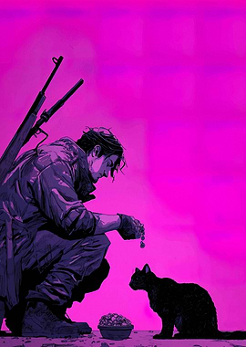 Man, Cat, and Rifles in Pink
