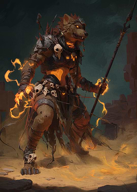 Anthropomorphic Hyena Warrior with Fire Magic
