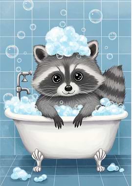 Cartoon Raccoon in Bathtub with Bubbles