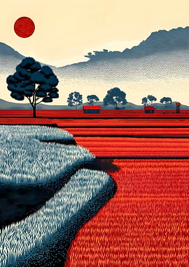 Japanese Landscape with Red Fields