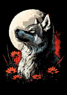 Wolf howling at the moon illustration