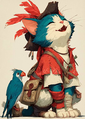 Cartoon Pirate Cat and Blue Parrot