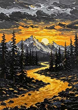 Golden River Mountain Sunset Painting
