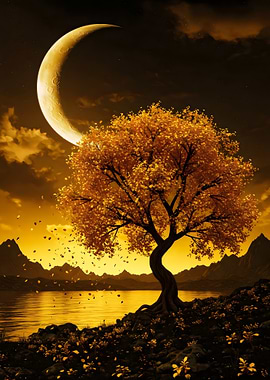 Golden Tree Under Crescent Moon
