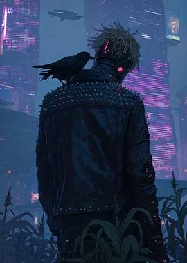 Cyberpunk Figure with Crow in Cityscape