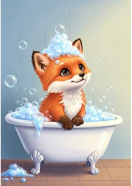 Fox in Bathtub with Bubbles