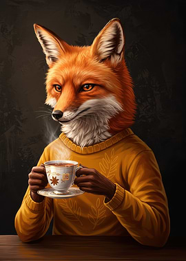 Fox Anthropomorphic Character Drinking Tea