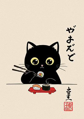 Black Cat Eating Sushi Illustration
