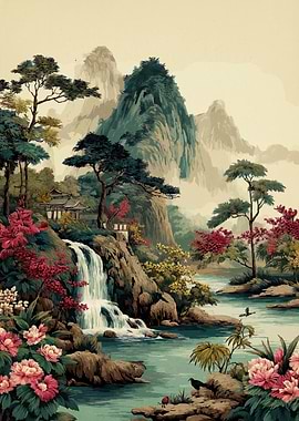 Asian Landscape with Waterfall and Flowers