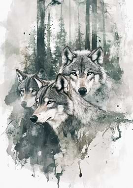 Three Wolves in Forest Watercolor Painting