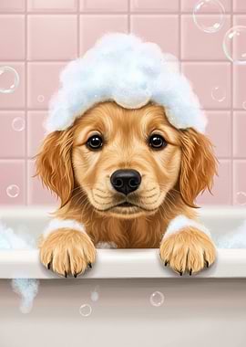 Golden Retriever Puppy in Bubble Bath