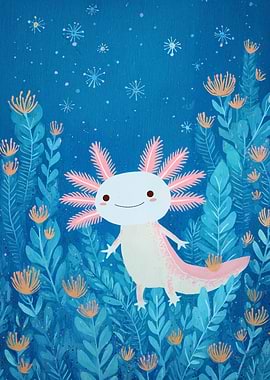 Cute Axolotl in Blue Floral Garden