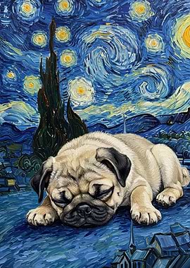 Pug Sleeping Under Starry Night