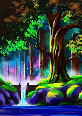 Fantasy Forest Waterfall Digital Painting