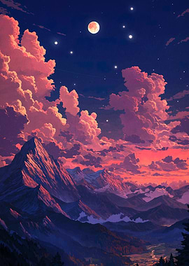 Mountain Landscape with Pink Clouds and Moon