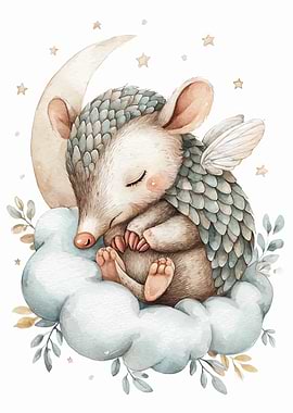 Sleeping Pangolin on Cloud Watercolor Art