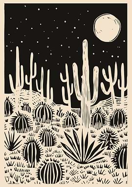 Desert Night Cactus Landscape Illustration
